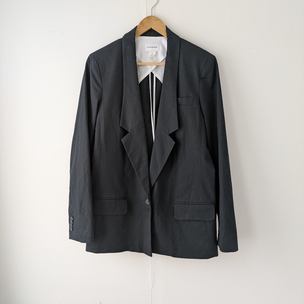 Club Monaco Black Cotton Linen Blazer Size 12 One Button